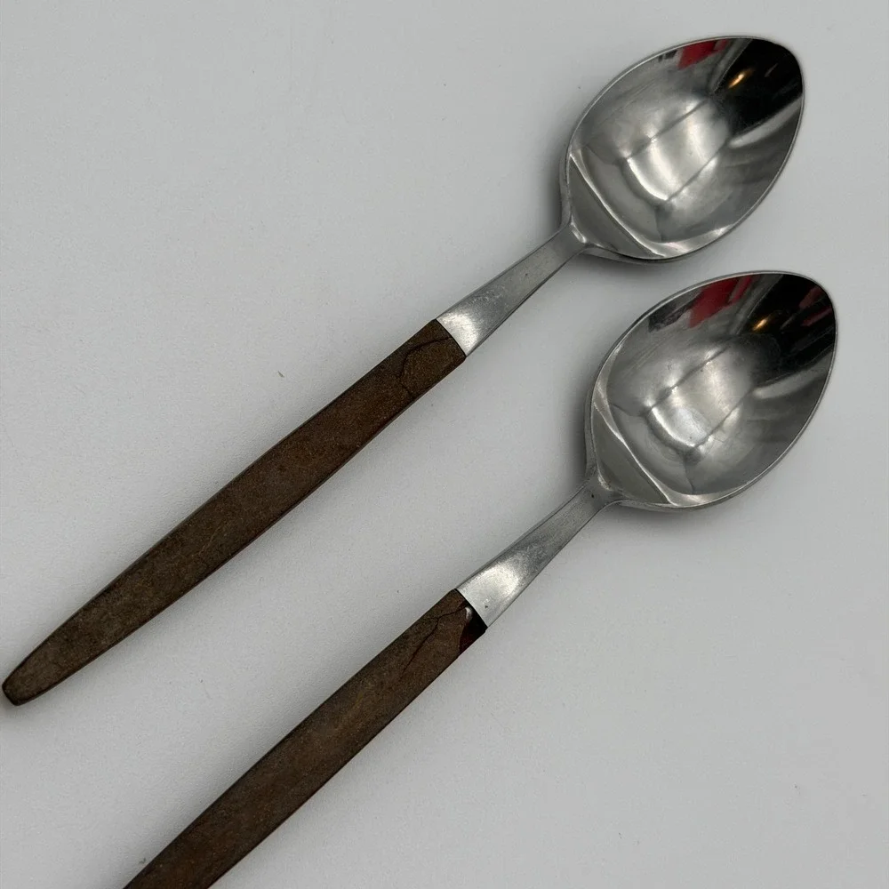 Pyramid Stainless Japan Faux Wood Handle Spoons Set of 2 Mid-Century Modern MCM